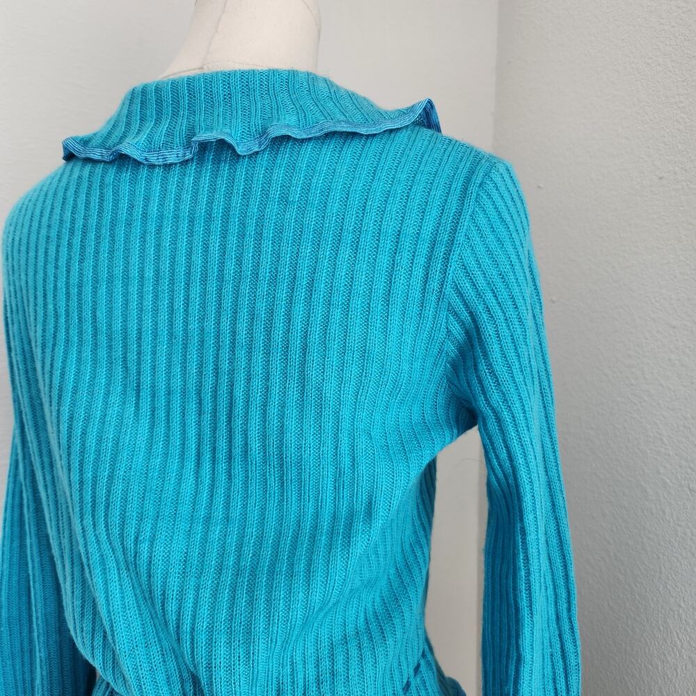 Vintage 70s Blue Teal Knit Ruffle Wrap Cardigan Tie Waist Top S Kentelle - Picture 9 of 16